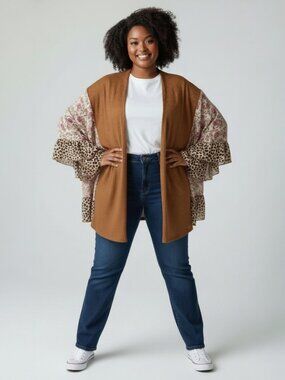 Umgee Waffle Knit Open-Front Cardigan with Floral & Leopard Sleeves Size S/M